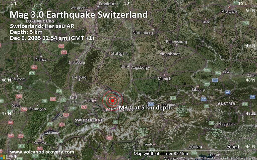 Small Magnitude 3.0 Quake Hits 2 km Northeast of Herisau, Switzerland After Midnight