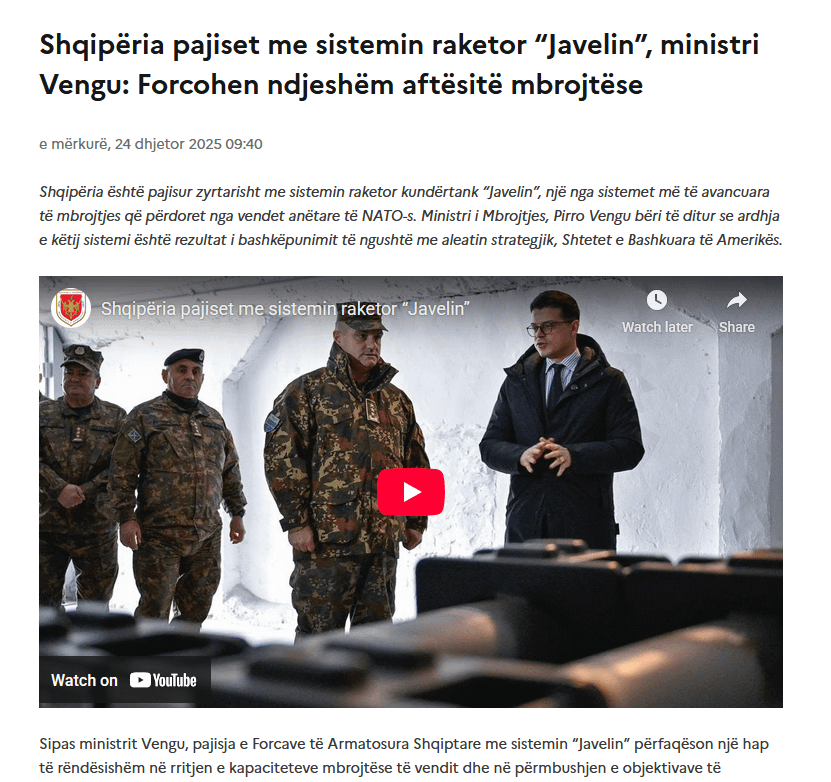 Albania receives Javelin anti-tank systems!