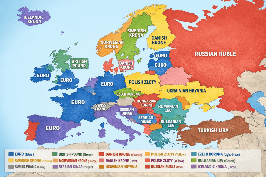 Europe's Currencies on a map