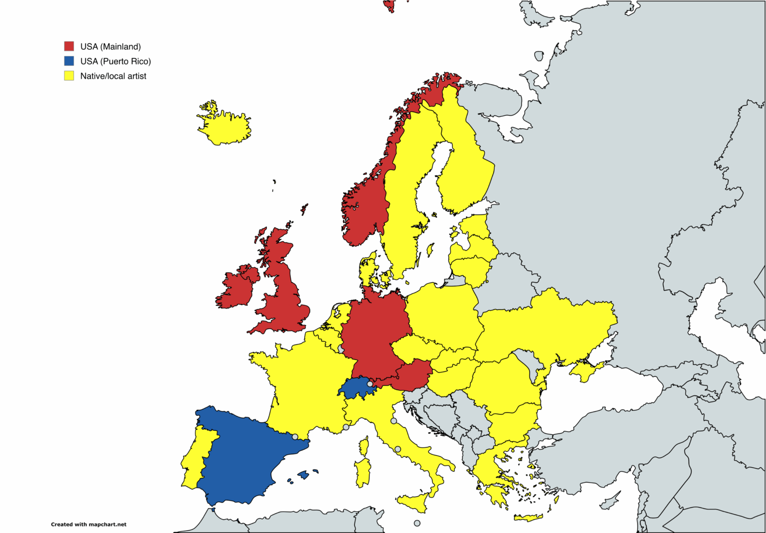 Nationality of most streamed artist by European country in 2025 [OC]