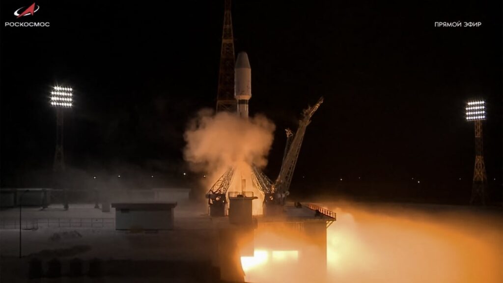 In this grab from a live broadcast run by the Russian space agency Roscosmos on 28 December, a Soyuz-2.1b rocket booster with a number of satellites blasts off from the Vostochny cosmodrome outside the city of Uglegorsk.