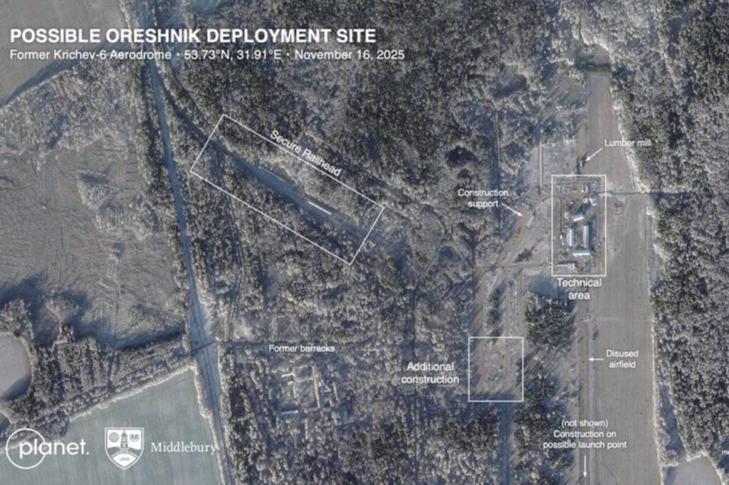 Satellite imagery of the Oreshnik IRBM at a deployment site in Belarus on Nov. 16, 2025. (Planet Labs photo via X/ArmsControlWonk)