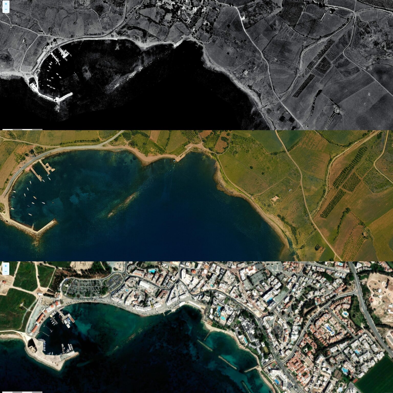 Paphos harbour in 1963 (BW and Colourised) and recently