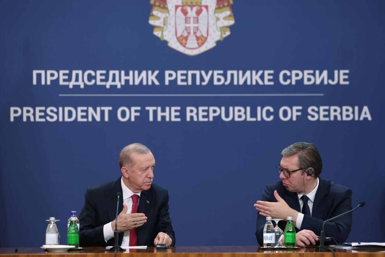 Serbian President Aleksandar Vucic and Turkish President Recep Tayyip Erdogan hold a joint press conference following their bilateral meeting in Belgrade, Serbia, Oct. 11, 2024. (AA Photo)