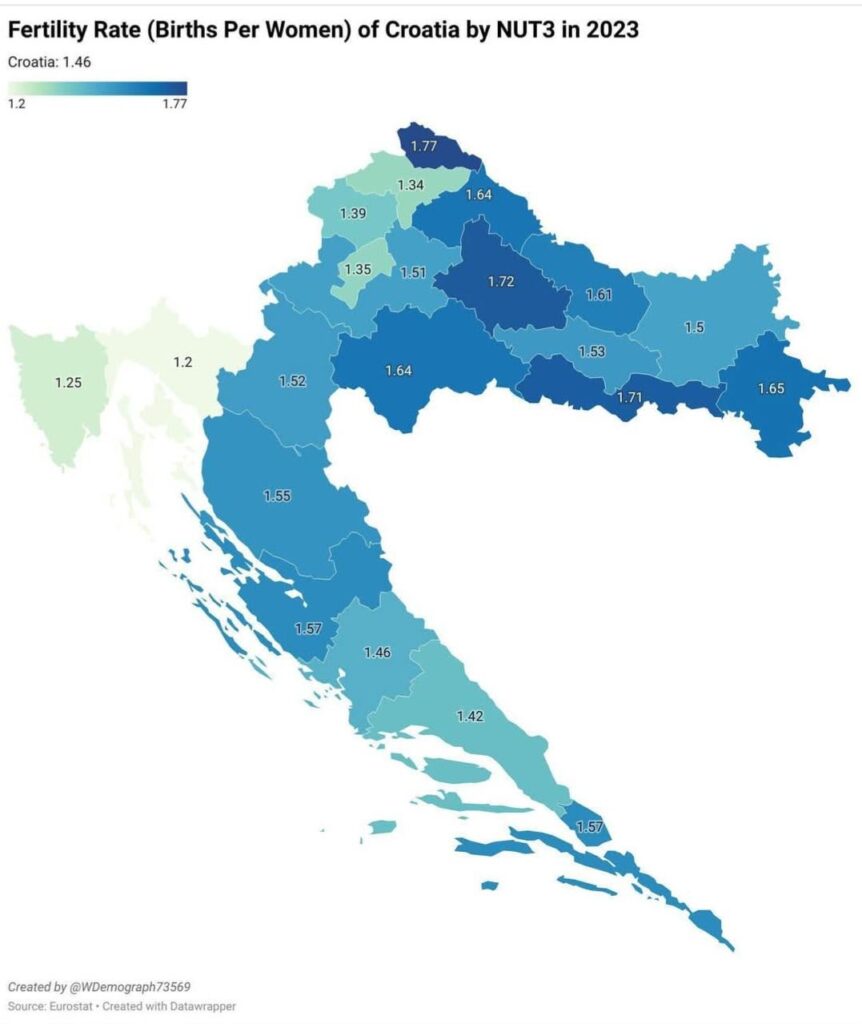 TFR in Croatia by county (2023)
