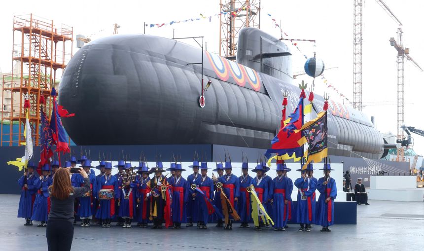 South Korea's first 3,600-ton-class naval submarine is unveiled during a ceremony held at the Hanwha Ocean dockyard, in Geoje, South Korea.