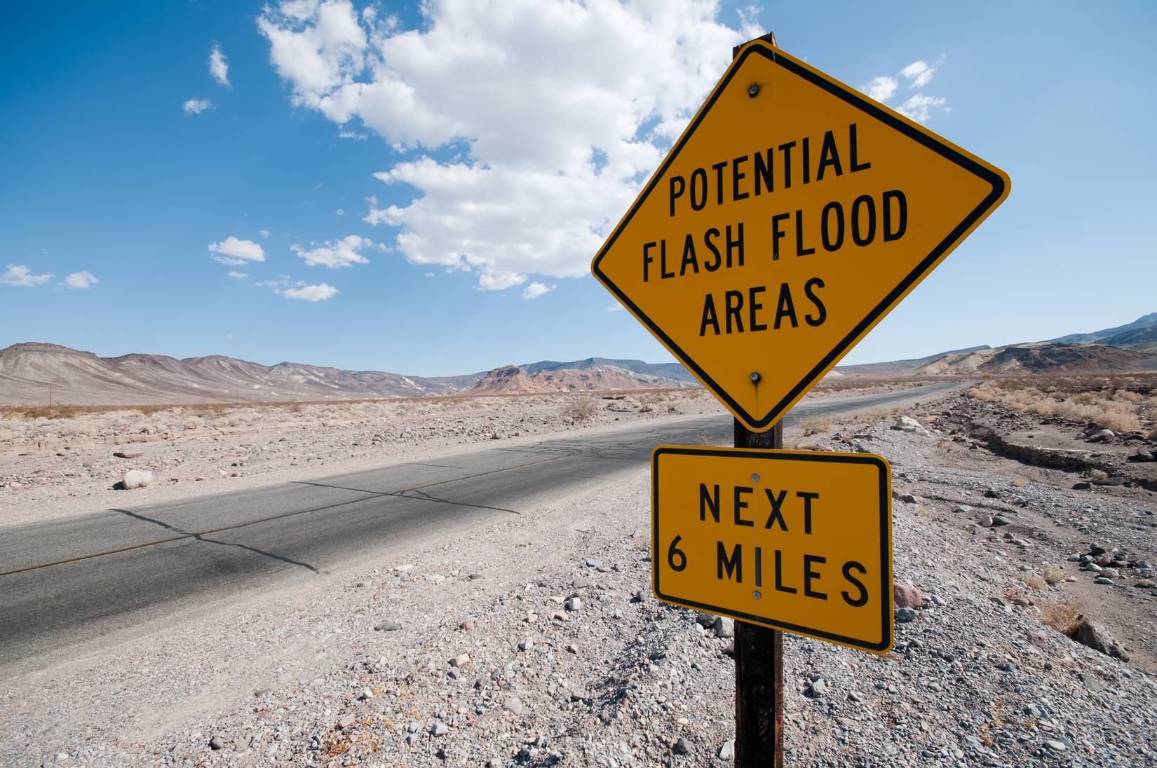 Flash flood warning sign in Death Valley National Park, California/Nevada