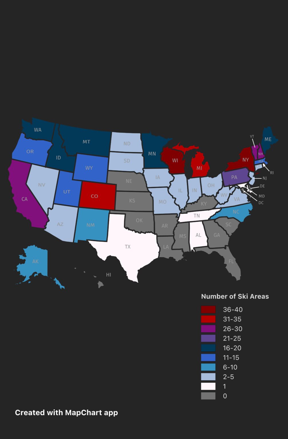 Number of Ski Areas By State