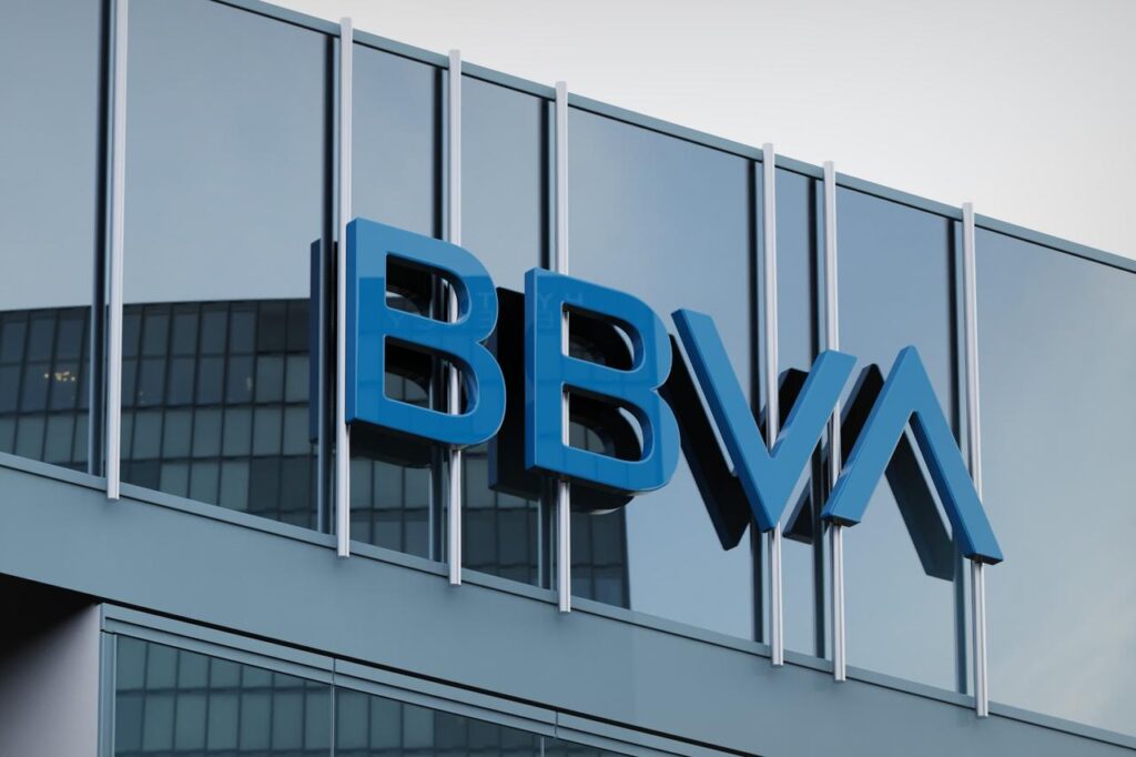 Close-up view of BBVA signage on the facade of the bank’s office building in Birmingham, United Kingdom, April 25, 2019. (Adobe Stock Photo)