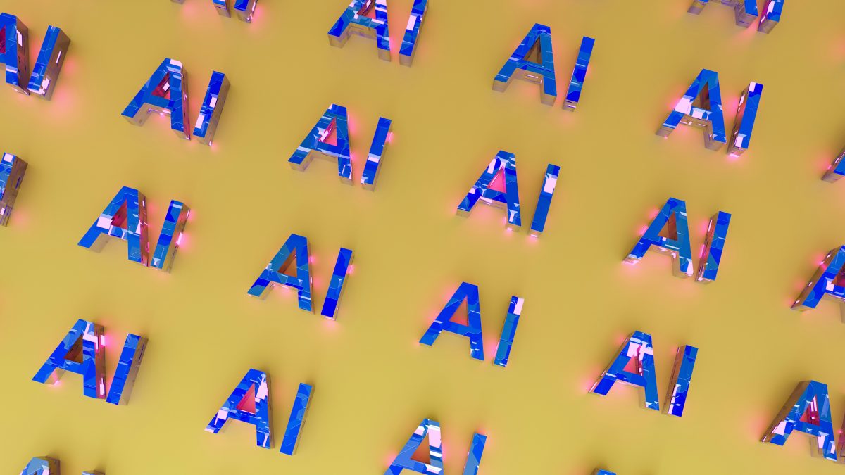 The letters "AI" appear repeatedly in a pattern, with blue and pink colors, set against a yellow background.