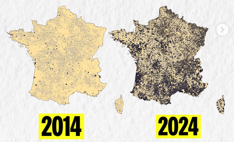 Street lightning at night in France, 2014 vs 2024