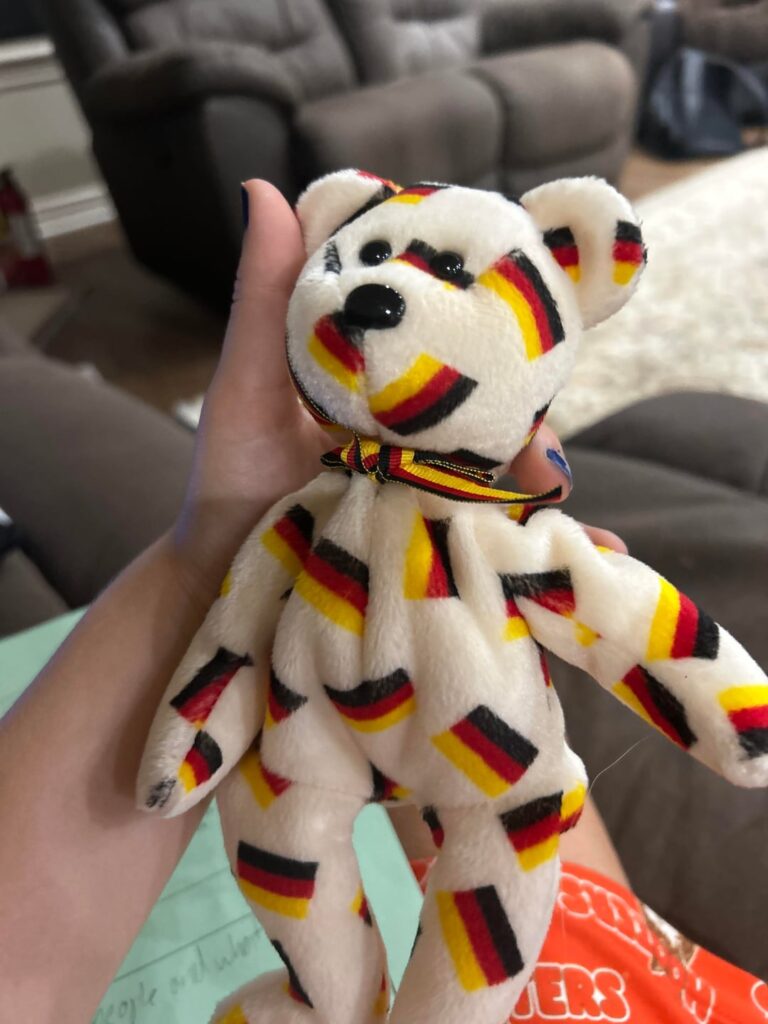 German beanie baby and painting of the flag