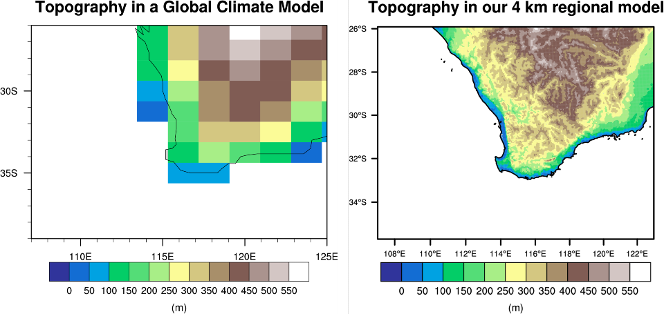 TOpography map Topography map showing difference in resolution of global climate model and regional model.