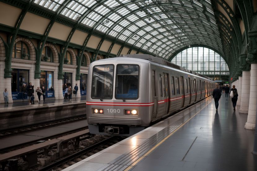 A scenic rail europe train passing through iconic parisian landmarks.