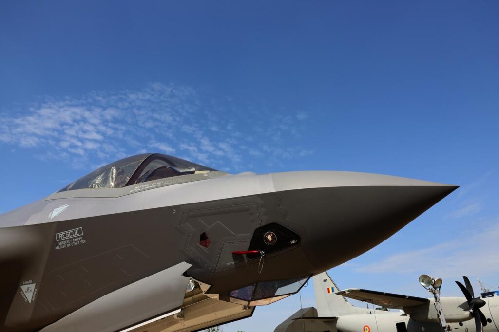 A F-35 Lightning II fighter jet is on a runway at a military equipment exhibition in Bucharest, Romania, May 2024. (Adobe Stock Photo)