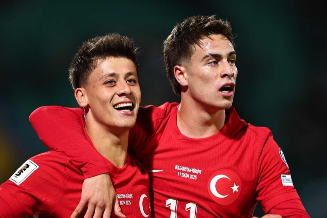 Turkish national team players Arda Guler (L) and Kenan Yildiz (R) celebrate after scoring during a UEFA Euro 2025 qualifier against Bulgaria in Sofia, Türkiye, Oct. 11, 2025. (AA Photo)