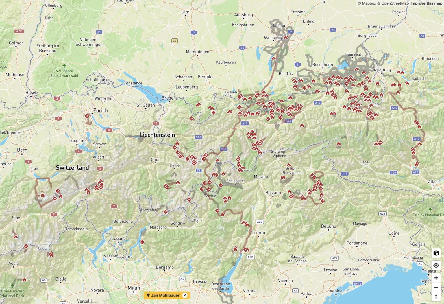 [OC] Map plot of all summits, mountain passes and huts I have reached in the Alps over the past 10 years