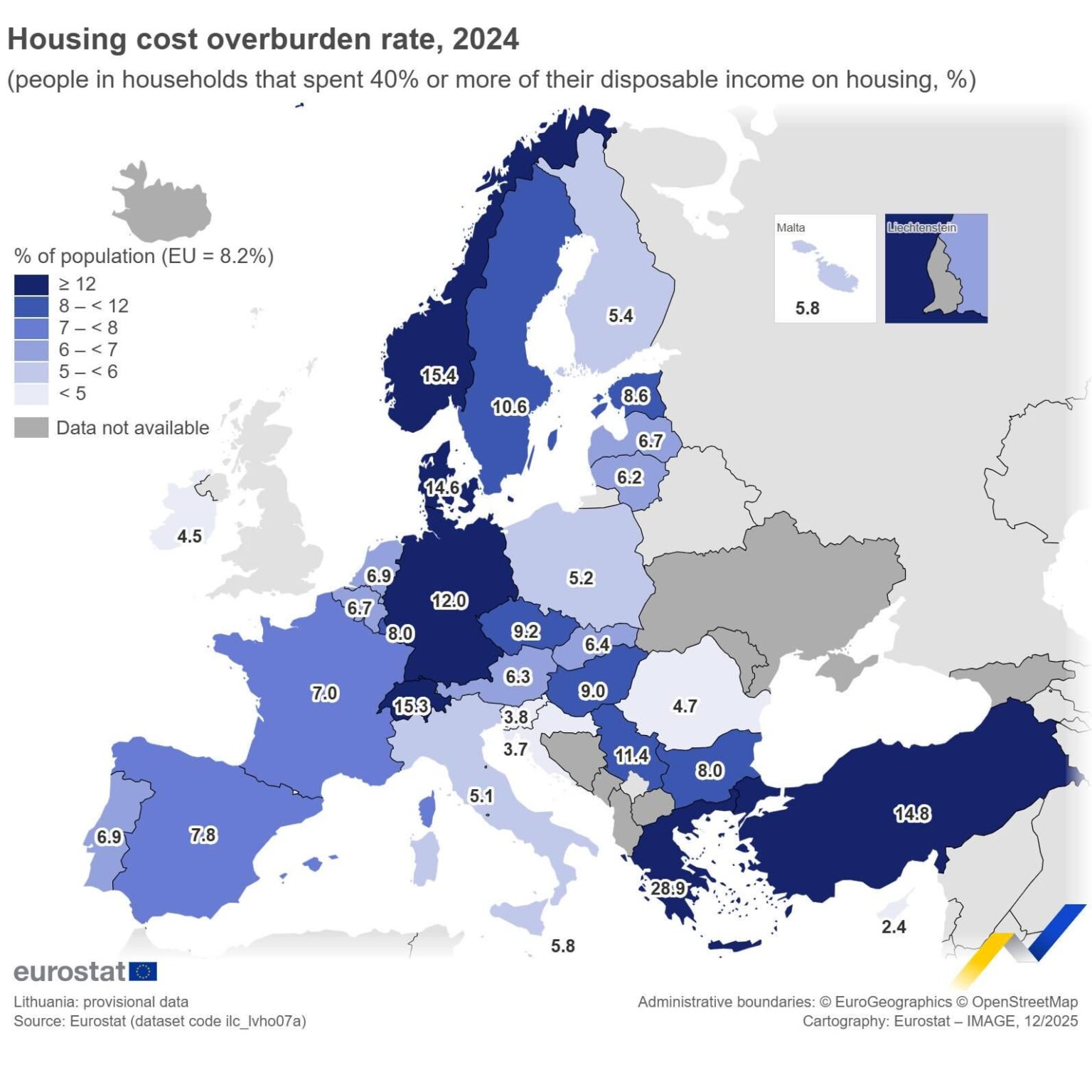The percentage of the population living in households that spend more than 40% of disposable income on housing