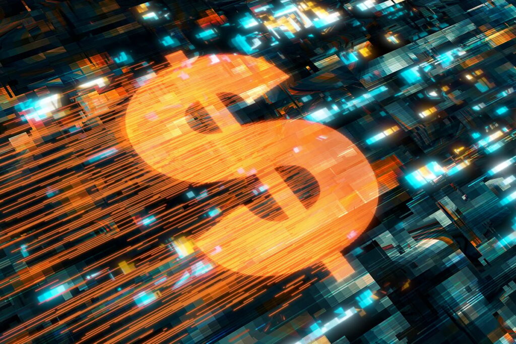 Glowing dollar sign against a dark background.