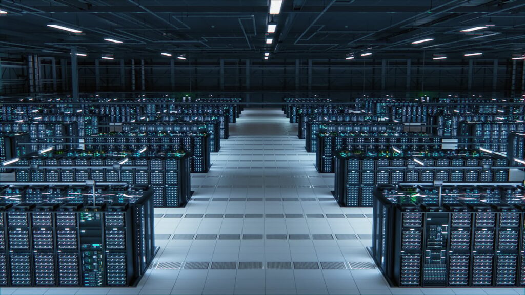 Racks of GPU clusters inside of a data center.