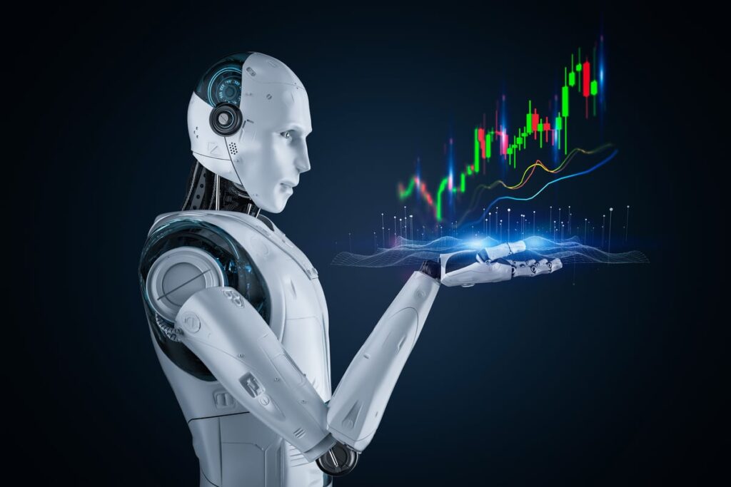 AI robot watching a stock chart rise.