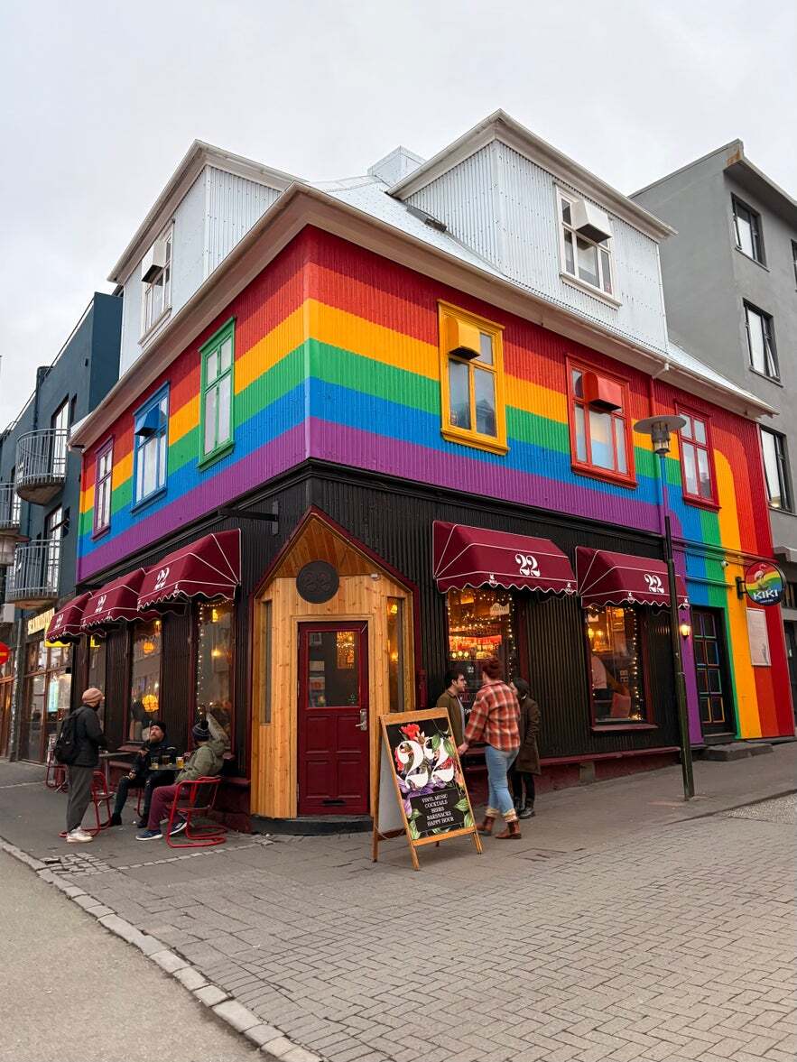 A rainbow-colored building housing Kiki Queer Bar in Reykjavik.