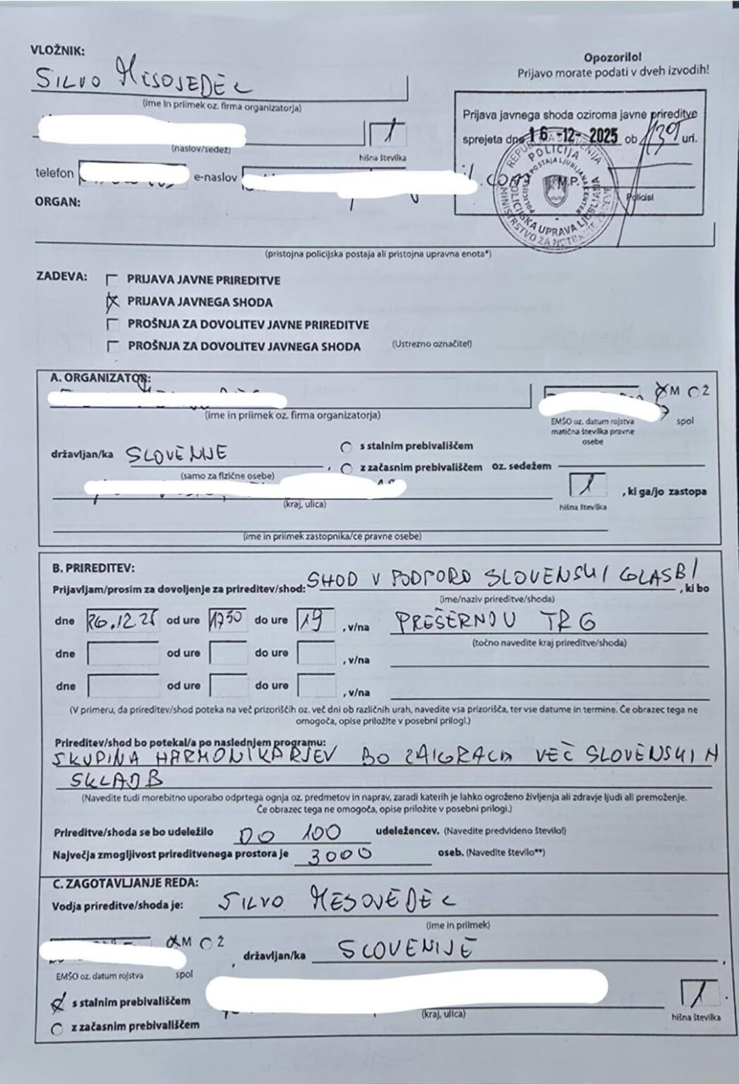 The concert of accordion players is registered for 100 people, Pavel Rupar expects 100 thousand Slovenians