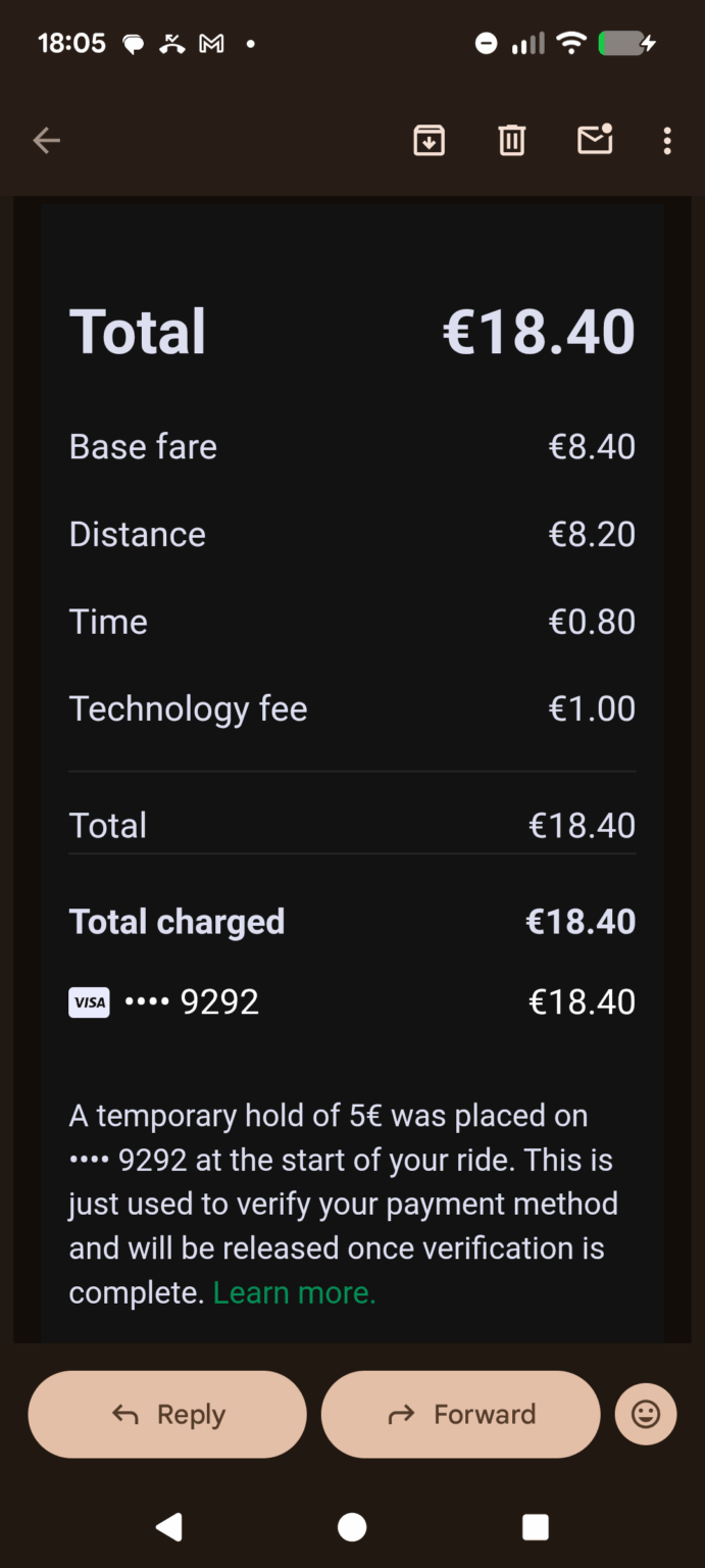 Seven minute taxi - 18 euro