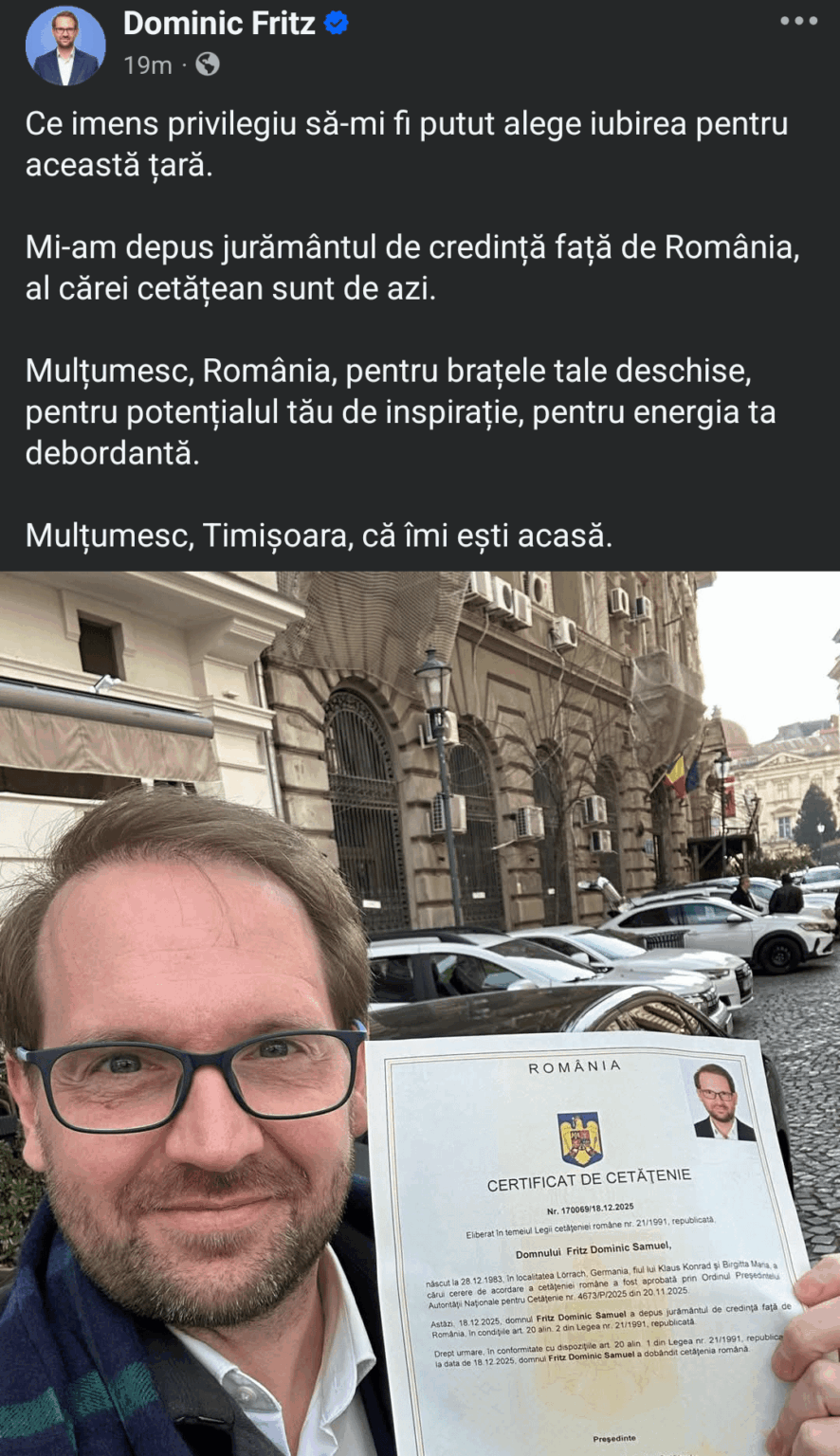 Dominic Fritz became Romanian!