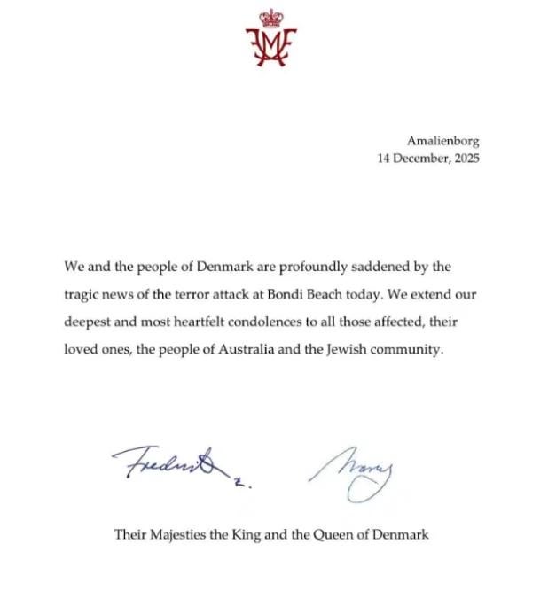 His Majesty King Frederik and Her Majesty Queen Mary send their condolences following yesterday's terrorist attack on Bondi Beach, Sydney, AU