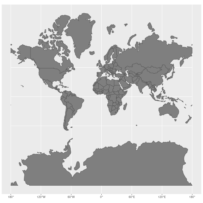 Areal distortion caused by Mercator projection; comparison showing actual relative size of each country.