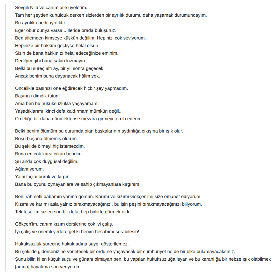 Lieutenant Colonel Ali Tatar committed suicide on December 19, 2009, after a new arrest warrant was issued for him.