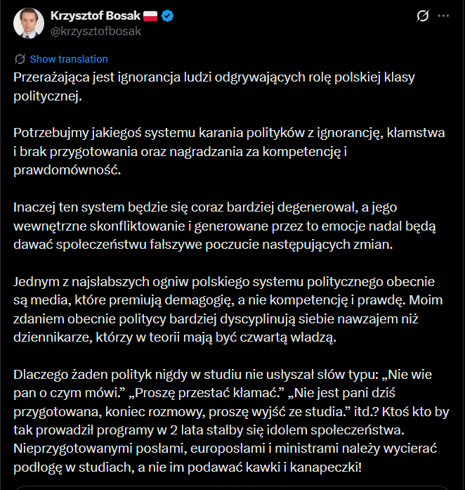 The leader of the libertarian Confederation, Krzysztof Bosak, wants to punish politicians for lies. In unrelated news, the demagogue website documented 15 cases of lies by Krzysztof Bosak.
