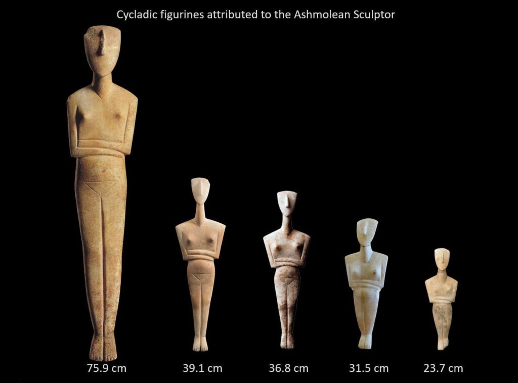 5 Cycladic marble female figurines, regular type - Dokathisma variant. attributed to the Ashmolean Sculptor (by Pat Getz-Gentle). Proto-Cycladic II period, c. 2700 – 2300 BC. (1500x1110)