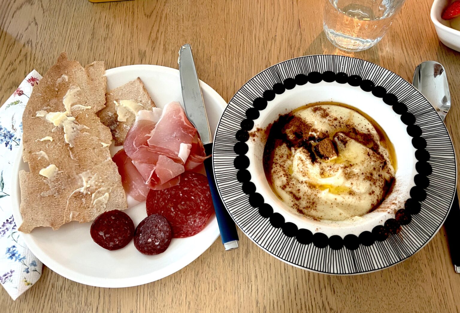 Homemade rømmegrøt w/ flatbread and cured meats (by mom)