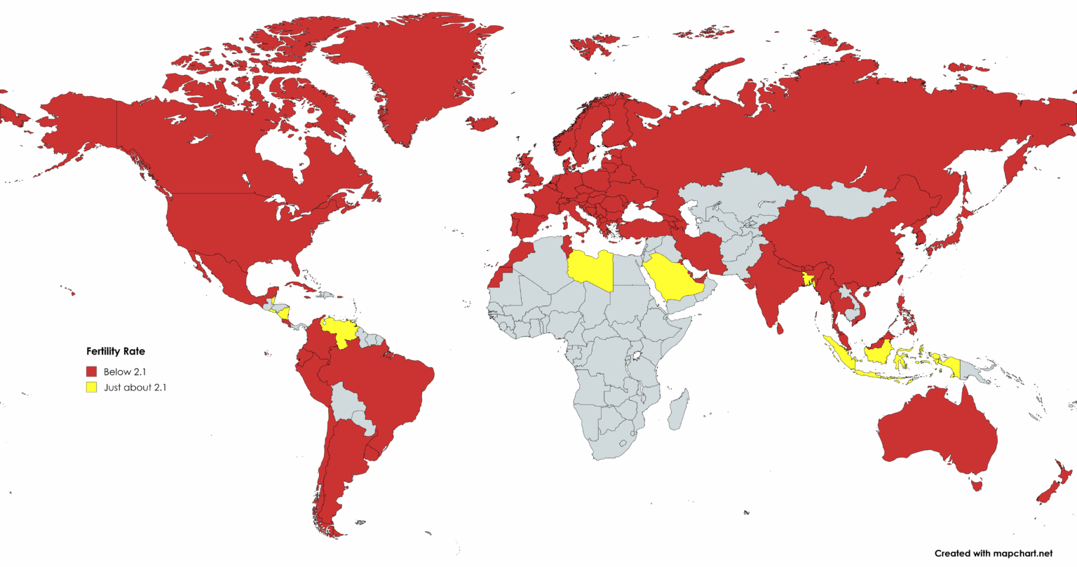 Countries with below replacement fertility as of 2025