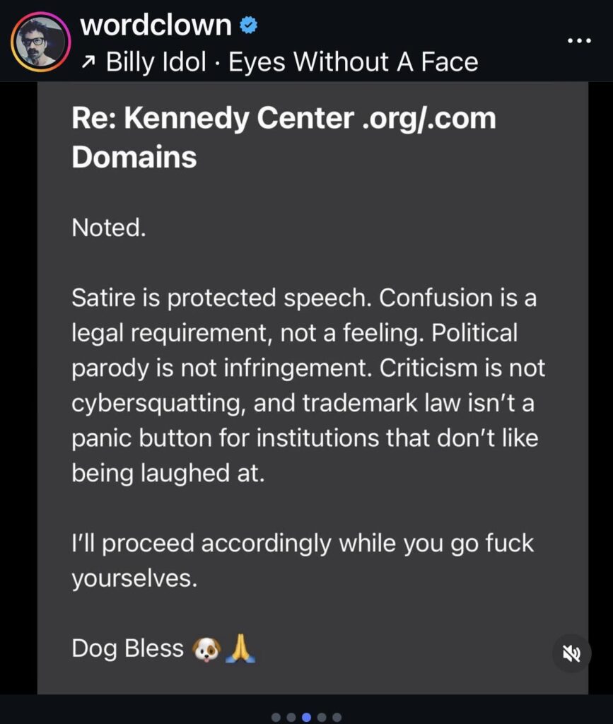 @wordclown responds to unnamed lawyers regarding his registering the Trump/Kennnedy Center domain names