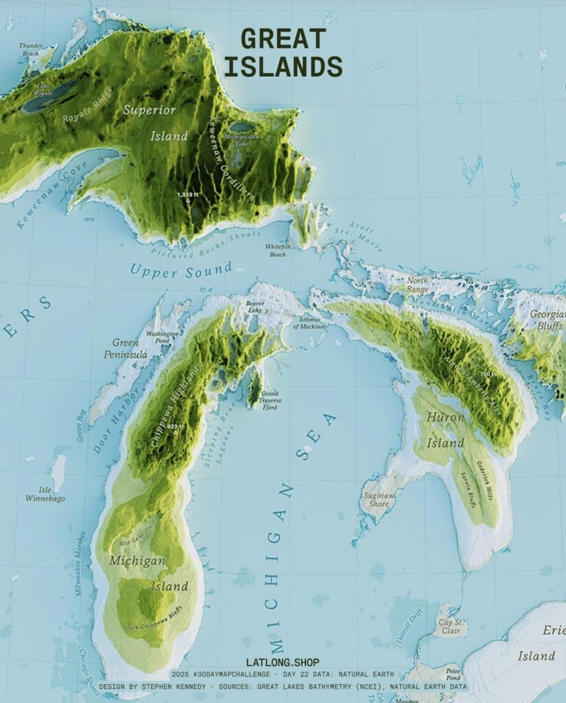 Michigan but the lakes are islands and the land is water