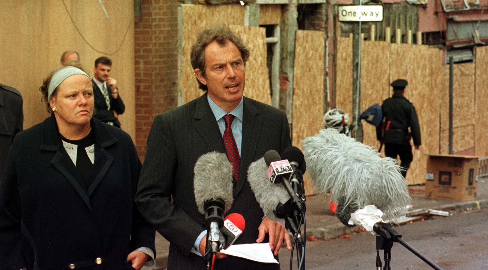 Prime Minister Tony Blair announces security options at the scene of the Omagh Bomb Explosion.