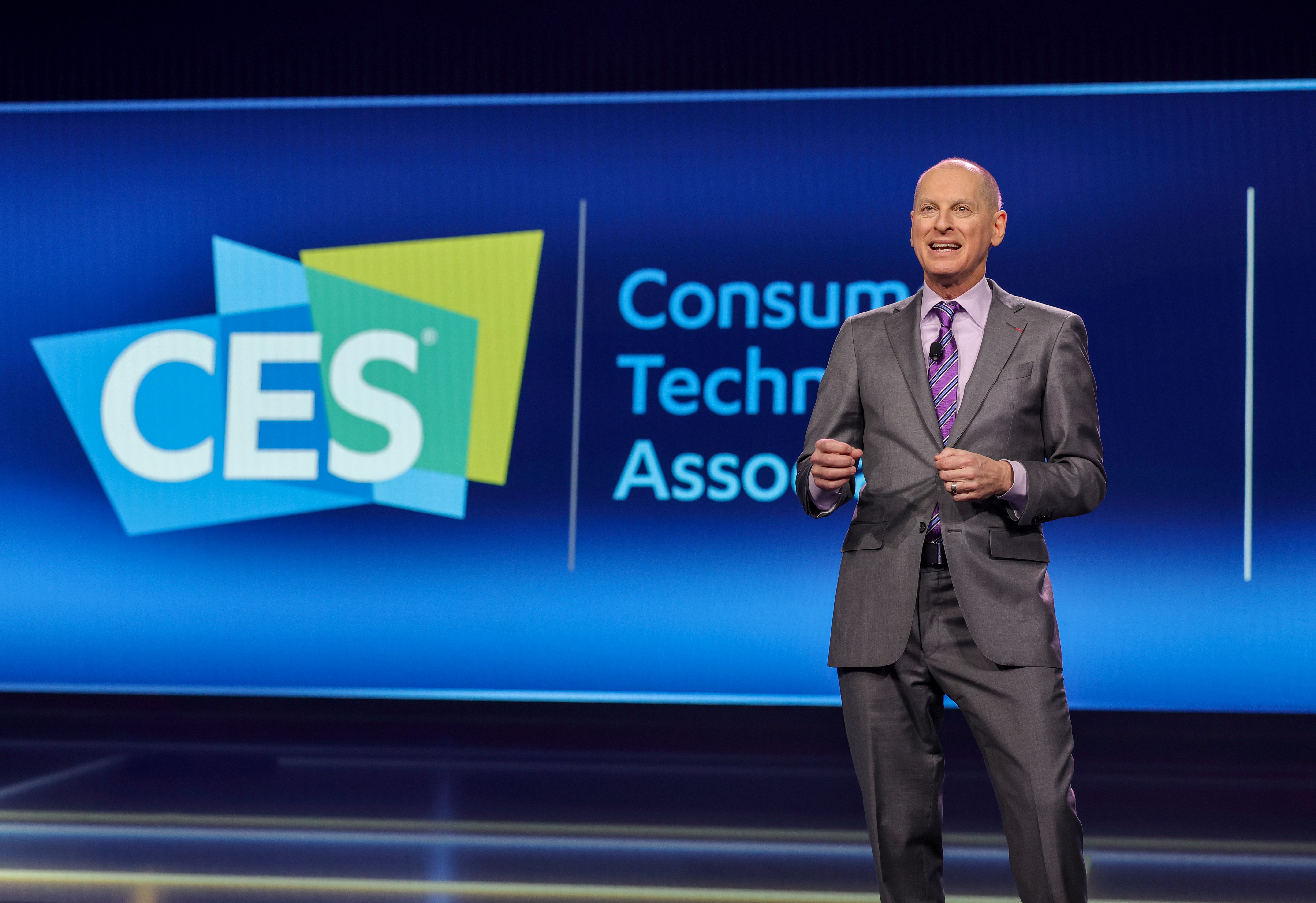 President and CEO of the Consumer Technology Association Gary Shapiro introducing a keynote address during CES 2024