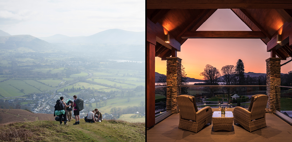 Collage of a group of hikers overlooking a valley and a patio with wicker furniture at sunset.