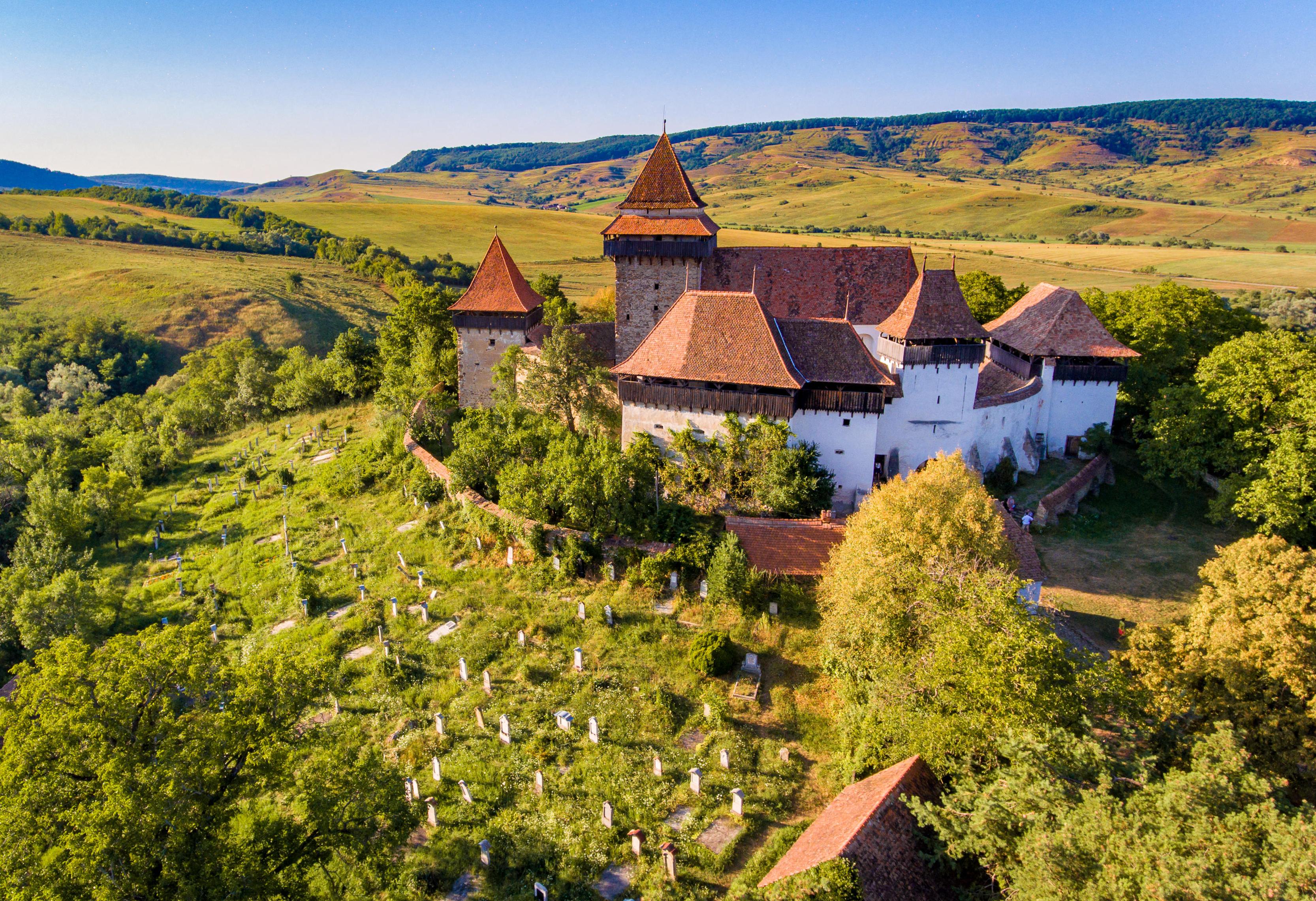 Aerial view of Viscri Fortified Medieval Saxon Church in Transylvania, Romania.