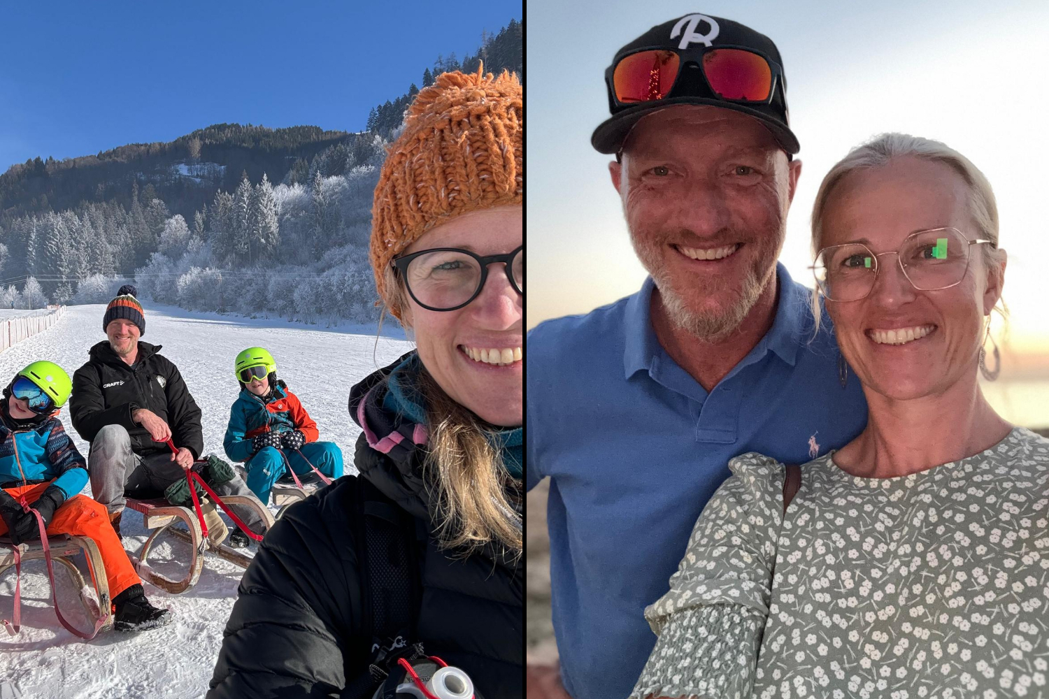 Collage of a family sledding in the snow and a couple posing for a photo.
