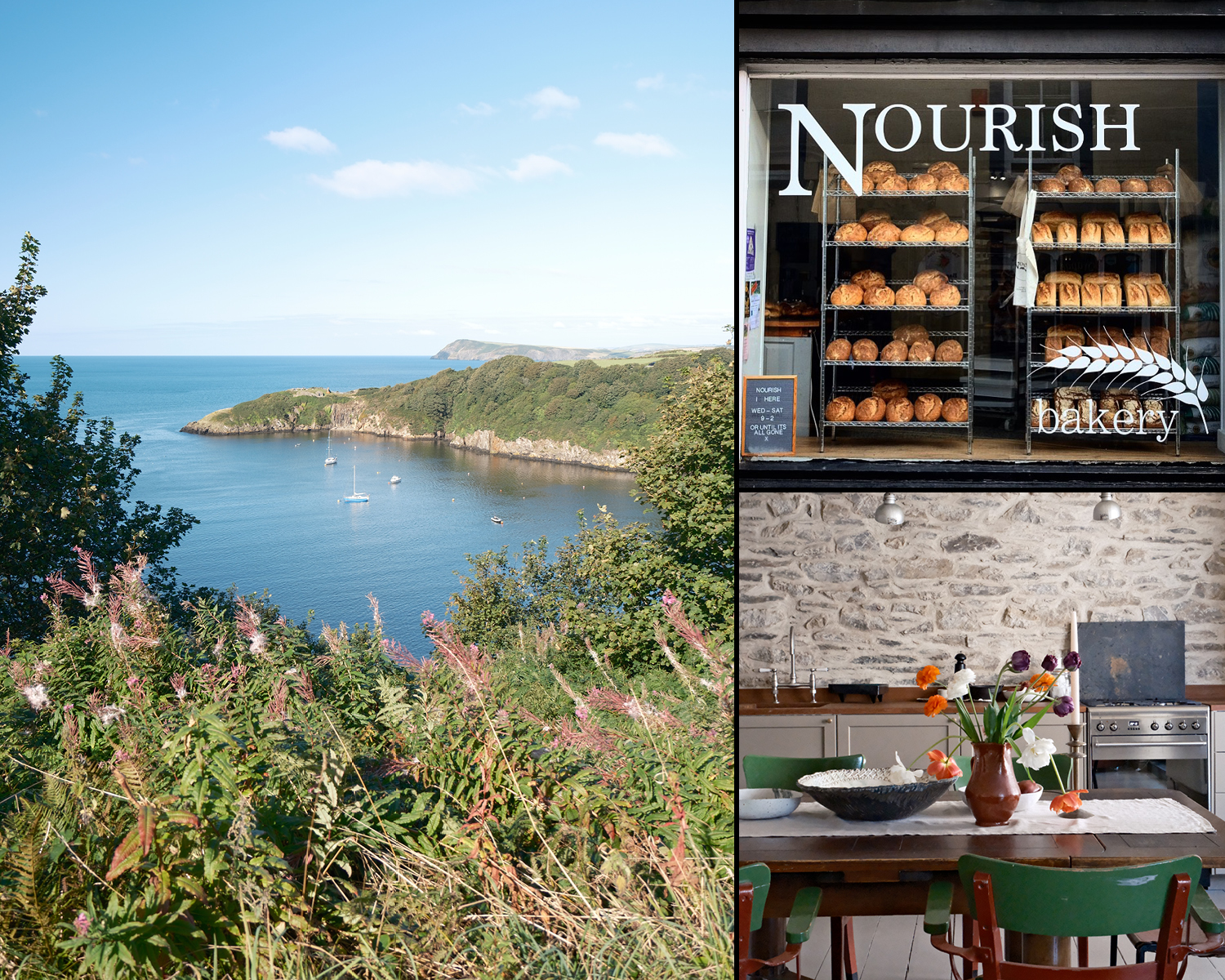 Collage of a bay with boats, the exterior of Nourish bakery with loaves of bread in the window, and an interior shot of a kitchen and dining area at Ty Clai.