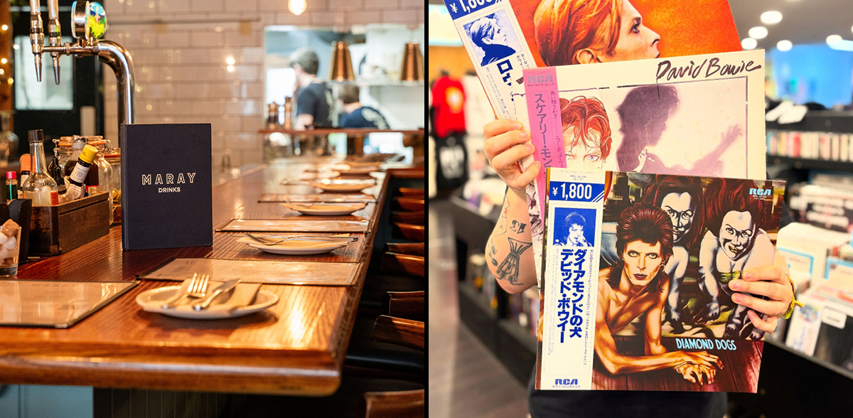 Collage of a restaurant bar with a "Maray Drinks" menu, and a person holding David Bowie vinyl records.