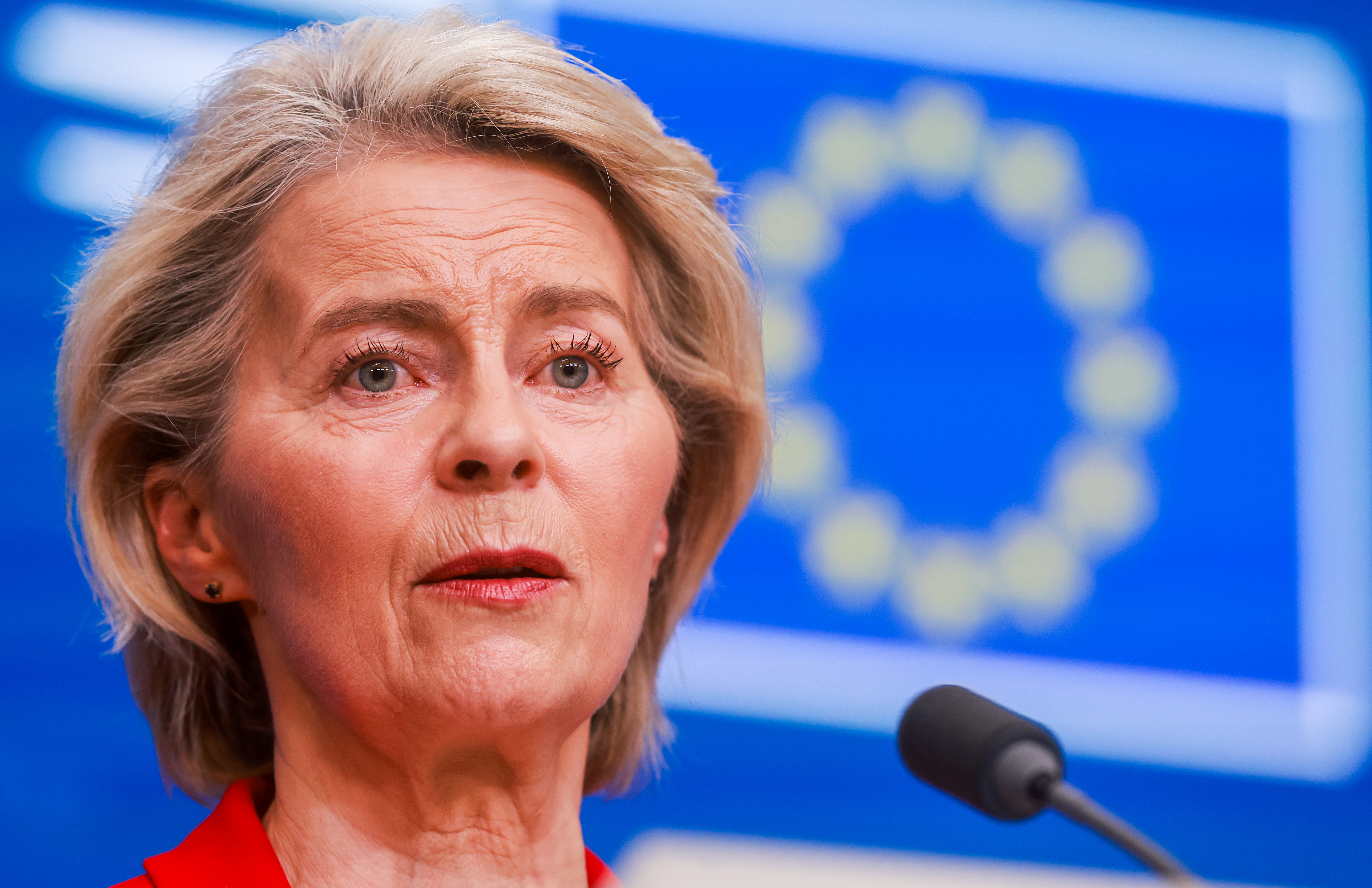 European Commission President Ursula von der Leyen speaking at a press conference.