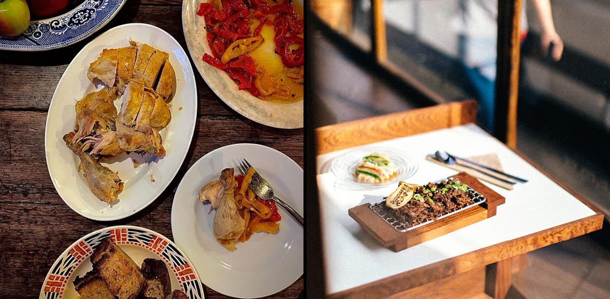 Collage of two images, one of a dinner spread with roast chicken and peppers, and another of a dish of bulgogi.