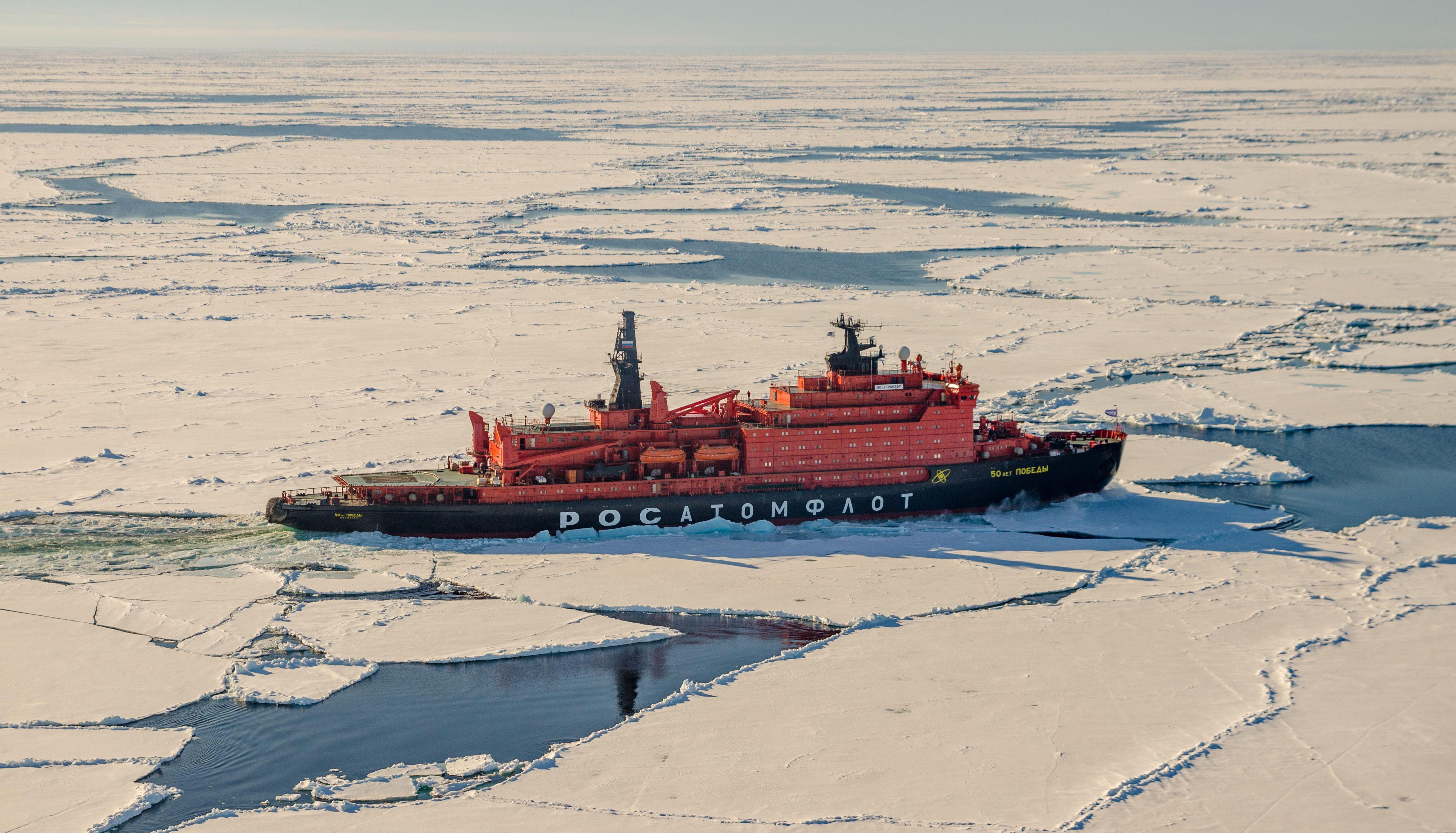 The 50 Years Of Victory nuclear icebreaker smashes through sea ice in the Arctic.