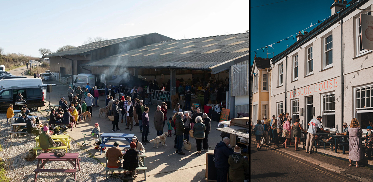 Collage of two photos: a lively outdoor market with people and dogs and an exterior of a building with people outside a restaurant named "Harbour House".