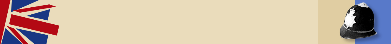 Illustration of parts of the British flag on the left and a police helmet on the right, on a cream and blue background.